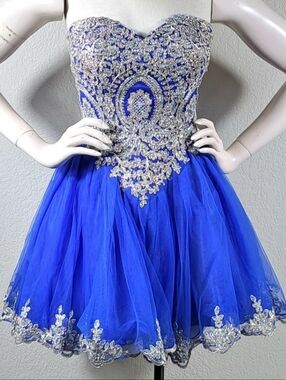 Royal Blue Rhinestone Applique Homecoming Dress Small Corset Back Tulle MiniBlue